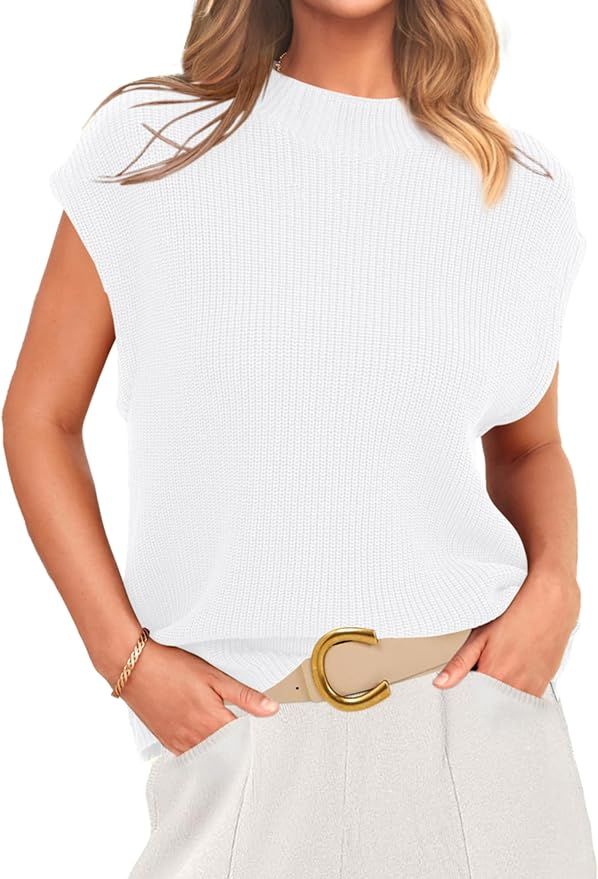 PRETTYGARDEN Womens Mock Neck Sleeveless Sweater Vest 2024 Casual Summer Short Cap Sleeve Knit Ri... | Amazon (US)