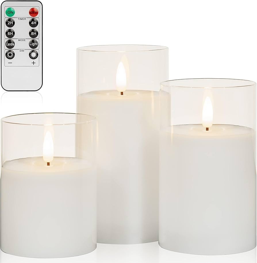 ANGELLOONG Glass Flameless Candles with Remote, White Battery Operated Candles with Timer, Electr... | Amazon (US)
