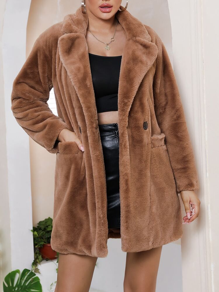 Double Button Pocket Patched Fuzzy Coat | SHEIN