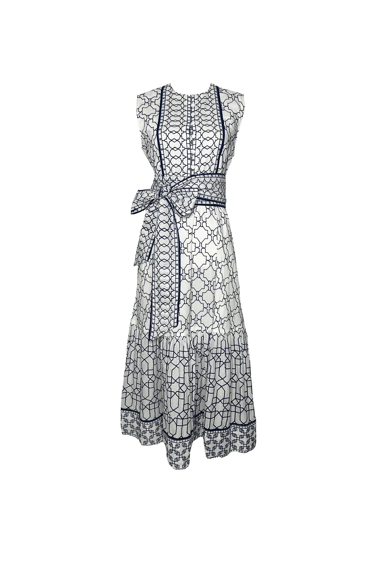Jewel Neck Sleeveless Flounce | Navy Mosaic Embroidery | SUE SARTOR