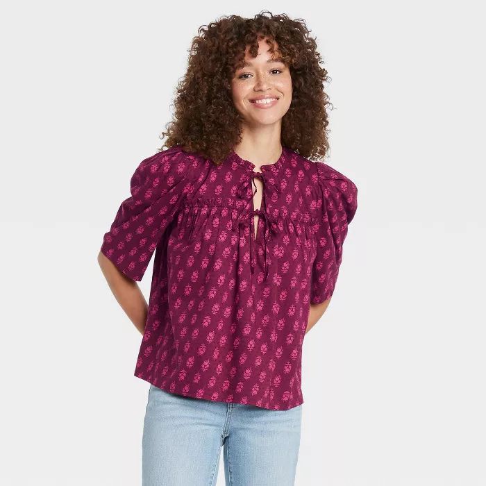 Women's Puff Short Sleeve Tie Neck Blouse - Universal Thread™ | Target