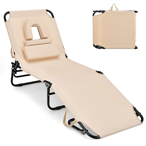 GYMAX Tanning Chair, 350lbs Beach Lounge Chair with Face Hole, Detachable Washable Pillow & Carry... | Amazon (US)