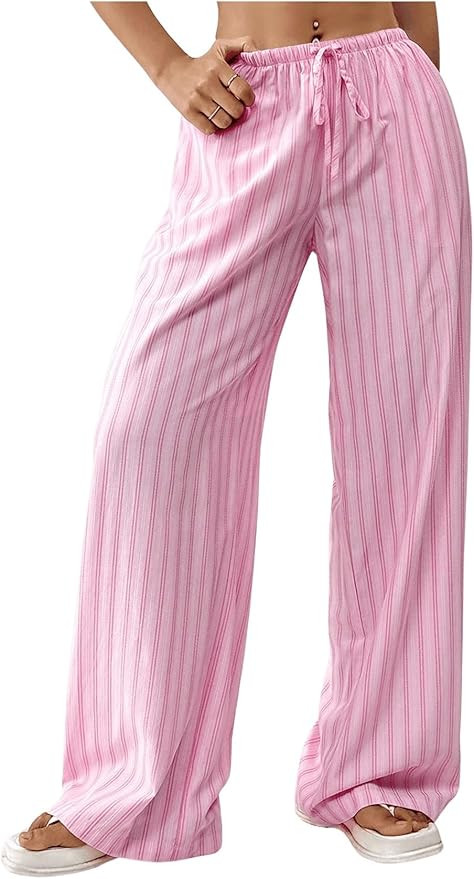 OYOANGLE Women's Striped Elastic Waist Tie Front Straight Leg Pants Y2K Lounge Trousers | Amazon (US)