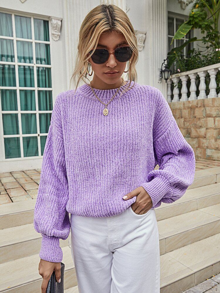 Solid Rib-Knit Drop Shoulder Sweater | SHEIN