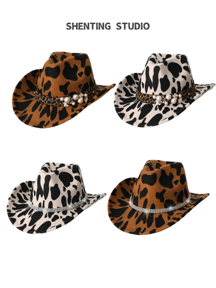 1pc Women's Faux Pearl & Rhinestone Embellished Cow Print Hat, European & American Western Cowgir... | SHEIN