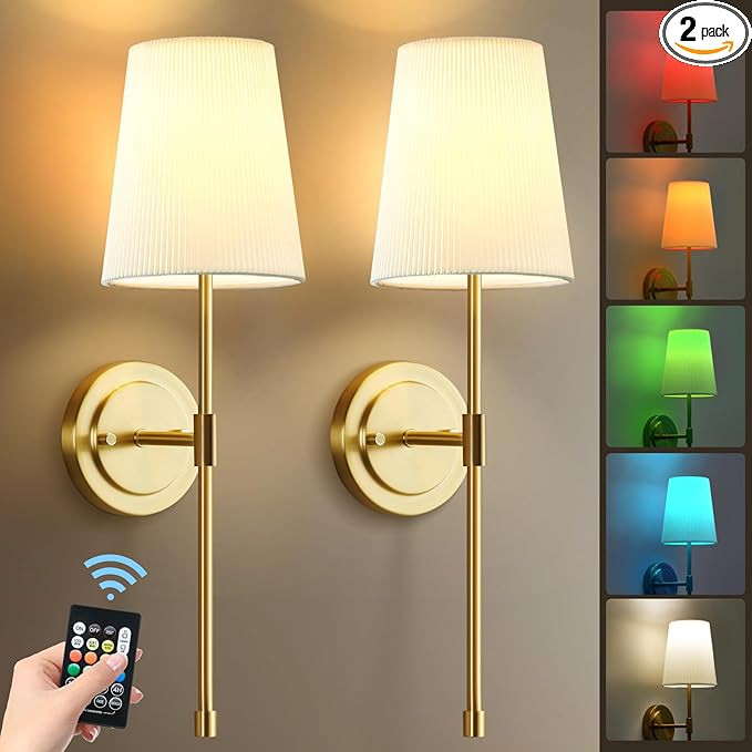 Battery Operated Wall Sconce Set of 2 - Gold Wireless Wall Sconces with Dimmable Remote Control -... | Amazon (US)