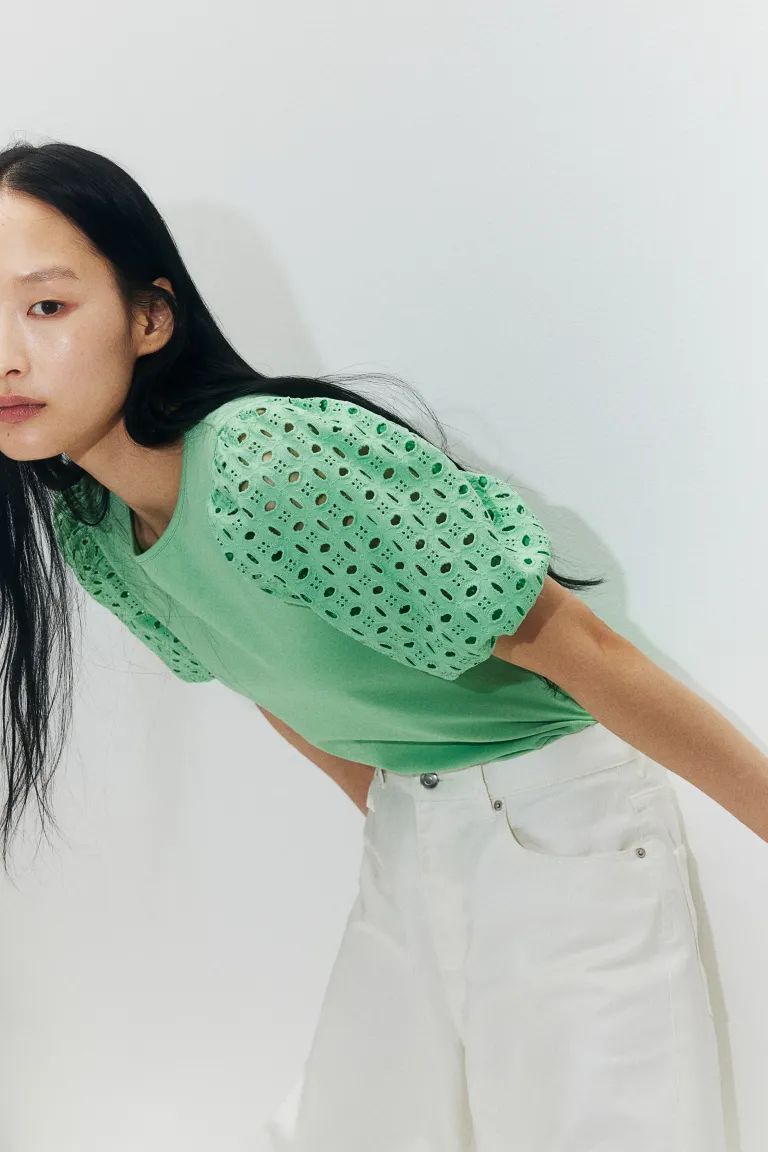 Puff-sleeved Top - Mint green - Ladies | H&M US | H&M (US + CA)