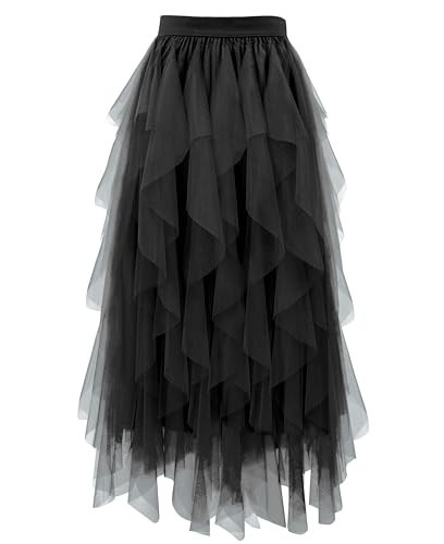 THHGPO Tulle Skirts for Women A Line Fairy Tiered Skirt Midi Length High Elastic Waist Long Skirt Black XL | Amazon (US)