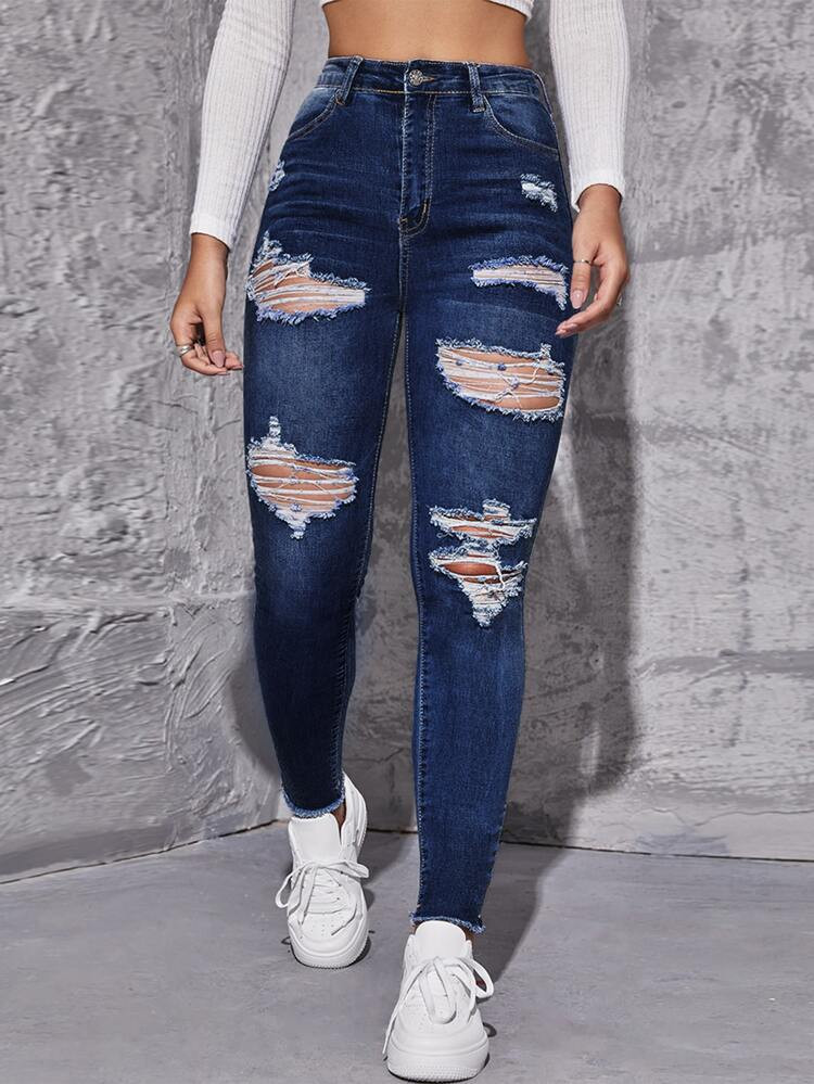Ripped Raw Trim Skinny Jeans | SHEIN