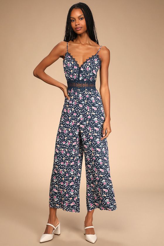 Bloom Appeal Navy Blue Floral Print Culotte Jumpsuit | Lulus (US)