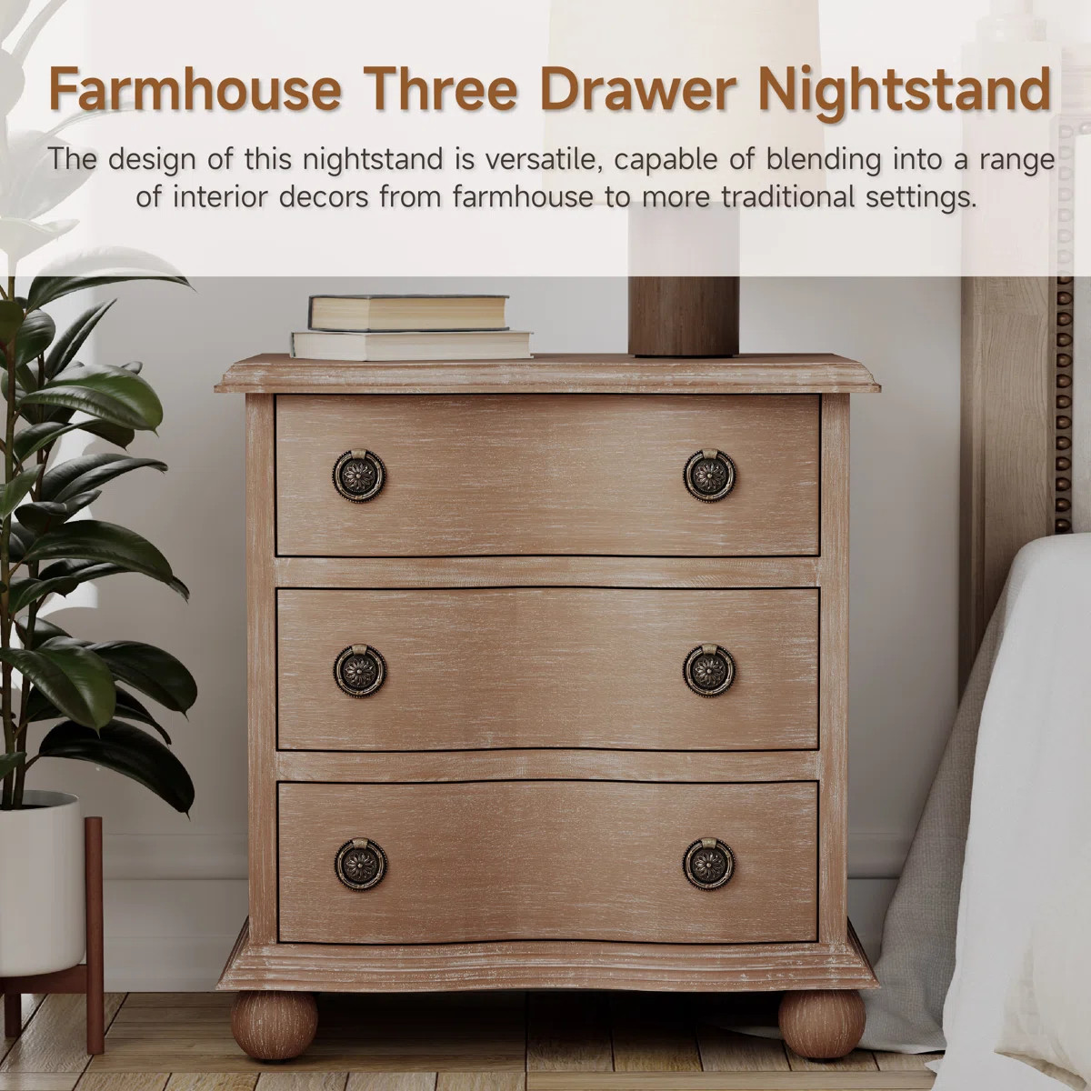 Farmhouse 3 Drawer Nightstand With Curved Front | Wayfair North America