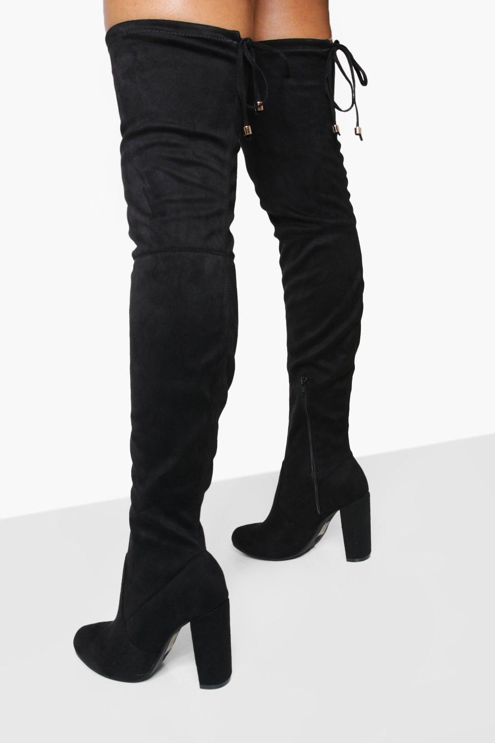 Womens Block Heel Tie Back Thigh High Boots - Black - 9 | Boohoo.com (US & CA)