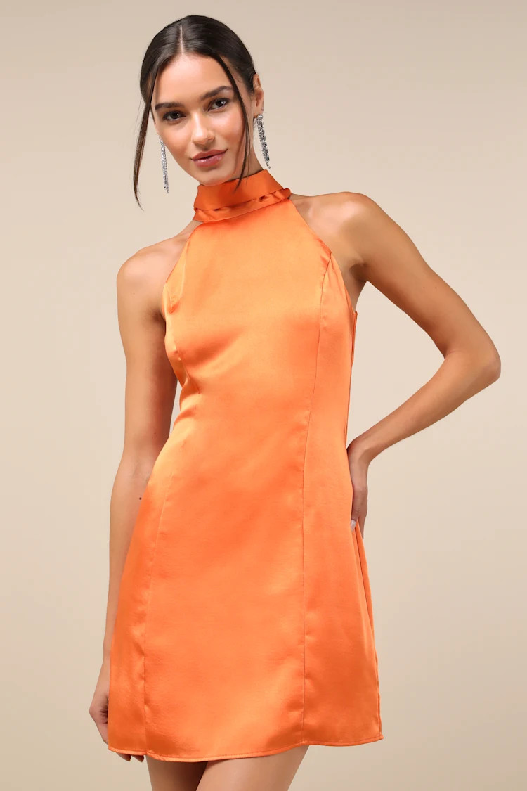 Infinite Admiration Orange Satin Halter Mini Dress | Lulus
