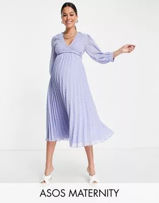 ASOS DESIGN Maternity nursing pleated tie wrap around midi dress in chevron texture in dusky blue | ASOS (Global)