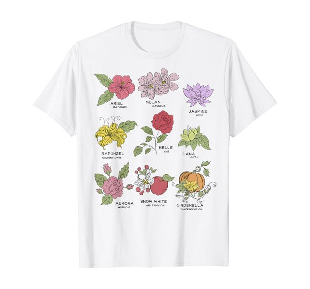 Disney Princesses Types Of Flowers T-Shirt | Amazon (US)