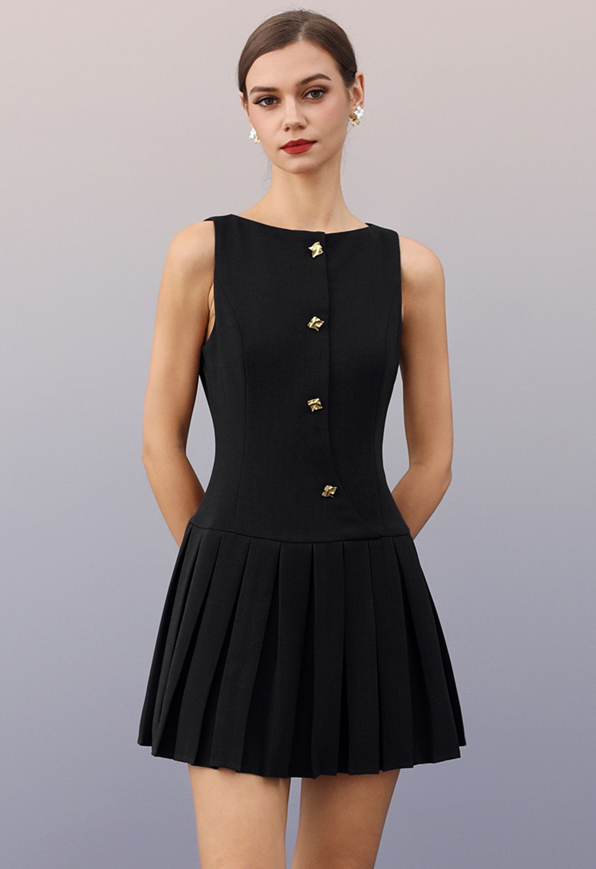 Boat Neck Pleated Button Decor Sleeveless Mini Dress in Black | Chicwish