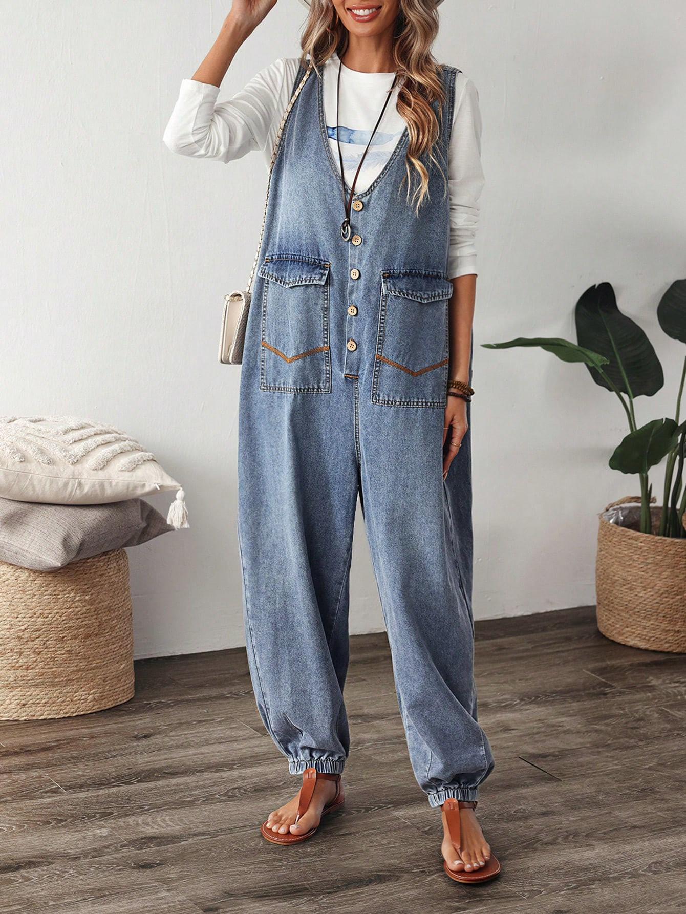 SHEIN LUNE Women's Vacation Casual Denim Jumpsuit | SHEIN
