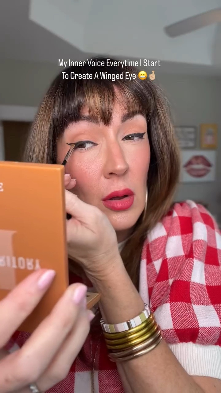 🤞🏼😉NEVER start by being in a rush when wanting to create a winged eye! It takes TIME.

🪽 Find a liquid pen that has a flexible enough tip to give you a little leeway and give. My two faves are actually drugstore : @maybelline Hyper Easy Brush tip liquid liner and @nyxcosmetics Epic Ink vegan waterproof liquid liner. 

🪽 Start with creating the wing on the outside of the eye first - should look like a tiny obtuse triangle. Then work your way down the lash line with your pen towards the inner eye using short strokes.

🪽 If you can tightline the upper waterline with a black pencil, it looks even better, to get rid of any flesh showing thru.

🪽Grab a skinny angled eyeliner brush and black eyeshadow, and stamp that directly on top of the liquid pen you drew on. This helps to lock in the pen, and blurs any jagged areas you might have created along the way!

🪽Use a wet Qtip to wipe along the underneath part of the wing you created to give it structure and clean up. Let me know if you try this!!. // Linking my tools and faves in the @shop.ltk app - be sure you’re following me there under >> @jennysuemakeup . #ltkbeauty #ltkunder100 #ltkover40 #makeuphumor #funnyreels #relateable #wingedeyeliner #makeuphacks