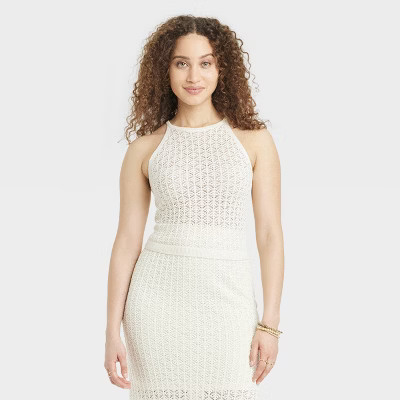 Women's Halter Crewneck Open Work Pullover Sweater - A New Day™ Cream XS | Target