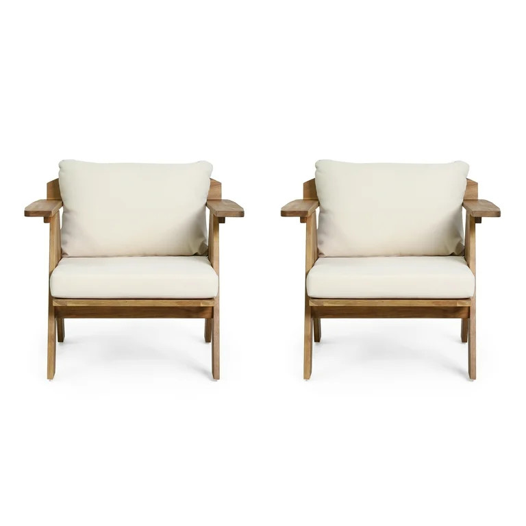 McClure Acacia Wood Outdoor Club Chairs with Cushion, Set of 2, Teak and Beige | Walmart (US)