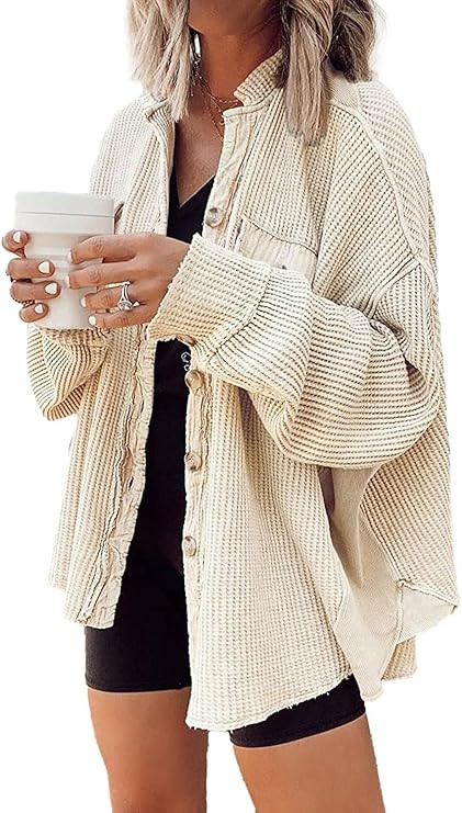 Yanekop Waffle Knit Button Down Shirt Womens Shacket Oversized Long Sleeve Shirt Jacket Trendy Ou... | Amazon (US)