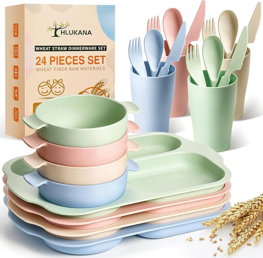 24 Pcs Wheat Straw Dinnerware Cutlery Set, Unbreakable Tableware Set, Including Kids Toddlers Div... | Amazon (US)
