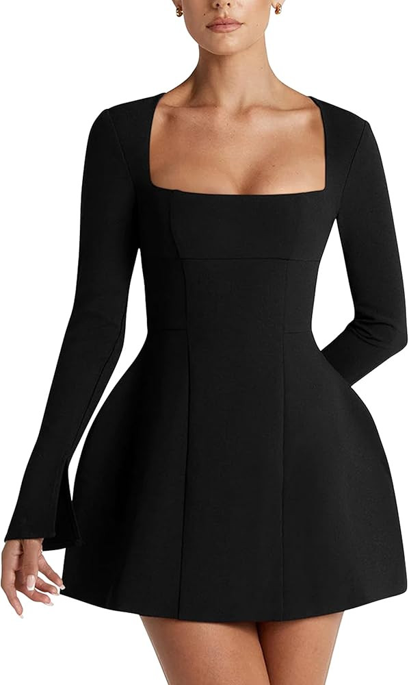 YMDUCH Women's Sexy Long Sleeve Square Neck A-Line Mini Club Prom Dress | Amazon (US)