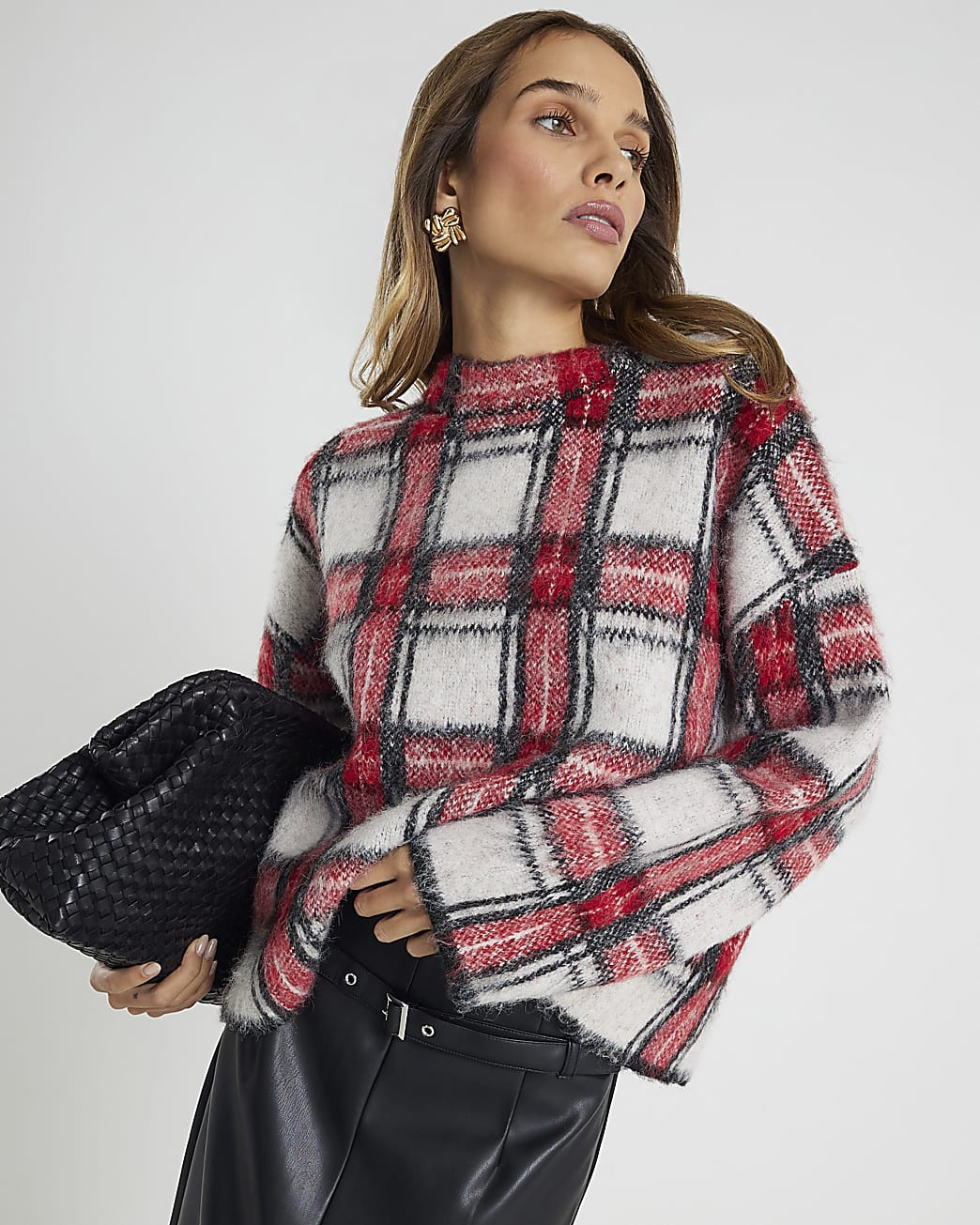 Red Long Sleeve Tartan Fluffy Jumper | River Island UK & IE