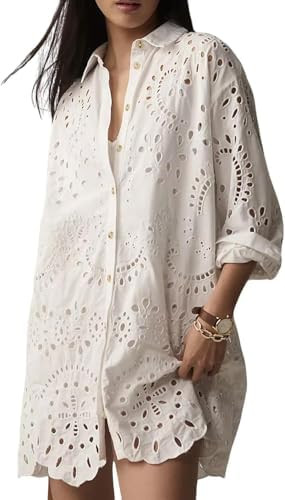 yoeasy Women's Embroidered Hollow Out Button Down Shirt Dress Lapel Ruffle Long Sleeve Mini Dress | Amazon (US)