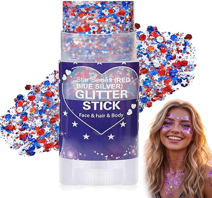4th of July Glitter Stick, 2026 New Red, White & Blue Body & Hair Sparkle Face Body Glitter for I... | Amazon (US)