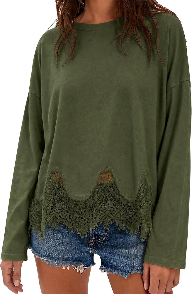 Tankaneo Womens Long Sleeve Lace Tops Oversized Crew Neck Casual T Shirts | Amazon (US)