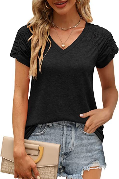 XIEERDUO Womens Summer Tops Casual V Neck T Shirts Short Sleeve Shirts Loose Fit Flowy | Amazon (US)