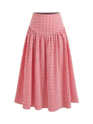 CIDER Gingham Long Skirts for Women Maxi Plaid Skirt A Line High Waist Summer Skirts Casual Trendy 2025 Red | Amazon (US)
