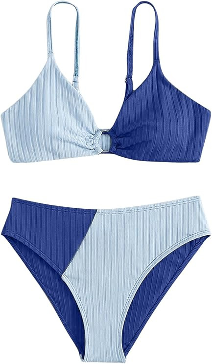 OYOANGLE Girl's 2 Piece Colorblock Ring Linked Bikini Swimsuit Ribbed Knit Bathing Suit | Amazon (US)
