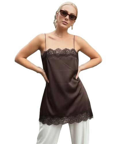 Women Silk Lace Camisole Sexy Satin Spaghetti Strap Tank Top Loose Y2k Going Out Cami Tops,Brown,S | Amazon (US)