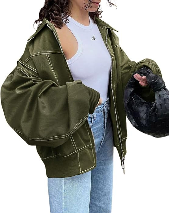 Women's Faux Leather Motorcycle Jacket Oversized Zip Up Winter Coat Outerwear 2025 Fall Fashion C... | Amazon (US)