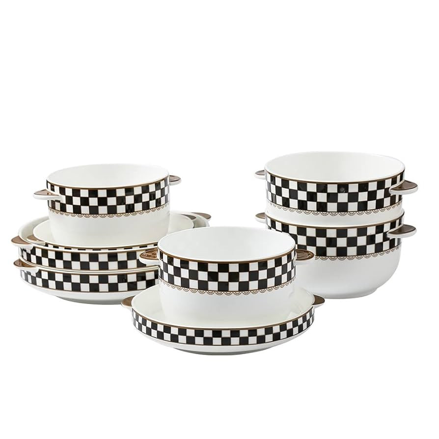 Porlien Checkered 8-Piece Plates and Bowls Set for 2 with Handles, Dessert/Cereal Bowls & Salad/S... | Amazon (US)