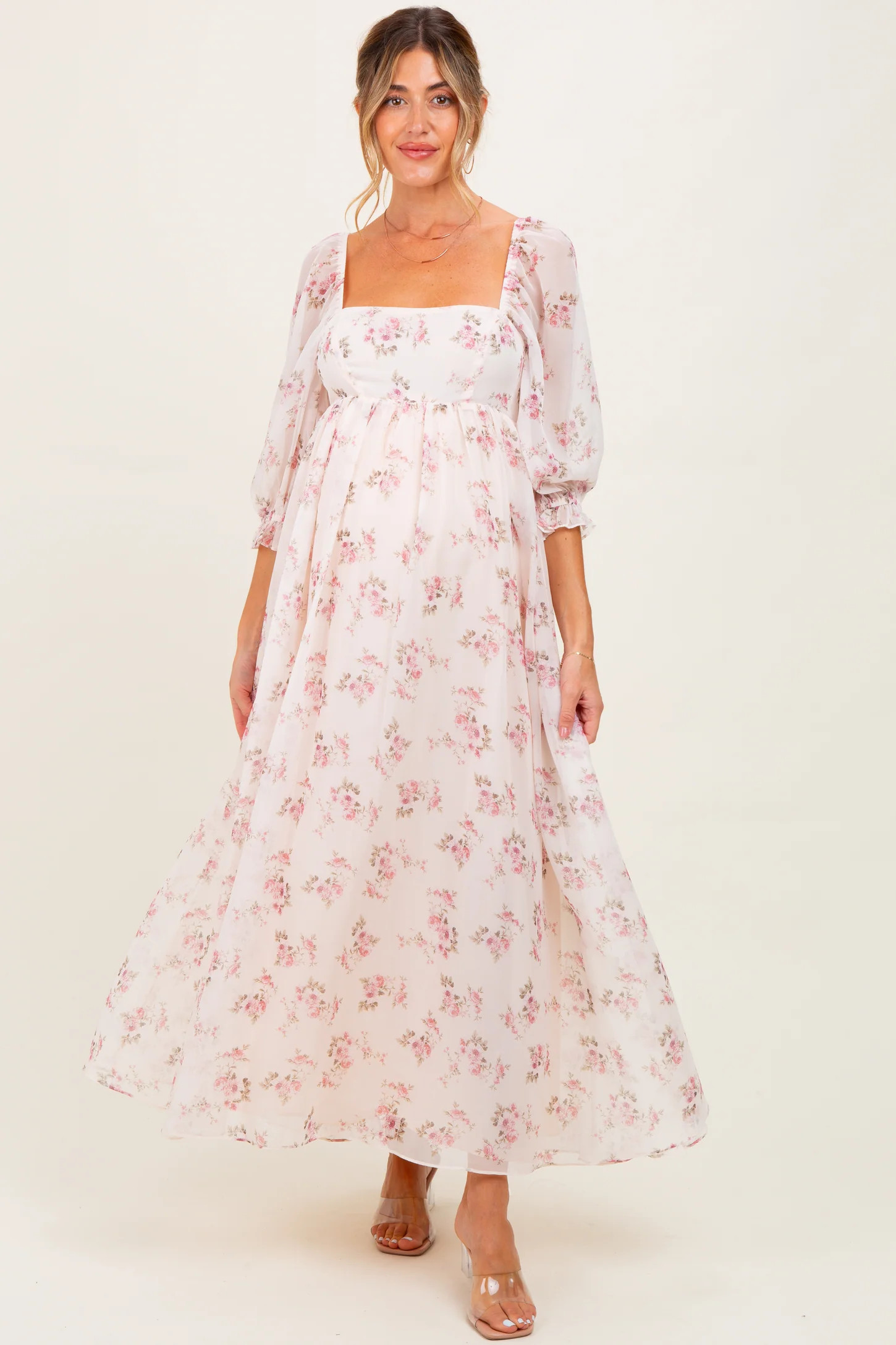 Light Pink Floral Chiffon Long Sleeve Maternity Maxi Dress | PinkBlush Maternity