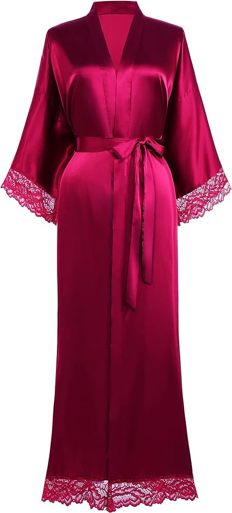BABEYOND Satin Kimono Robe Long Bridesmaid Wedding Bath Robe with Lace Trim | Amazon (US)