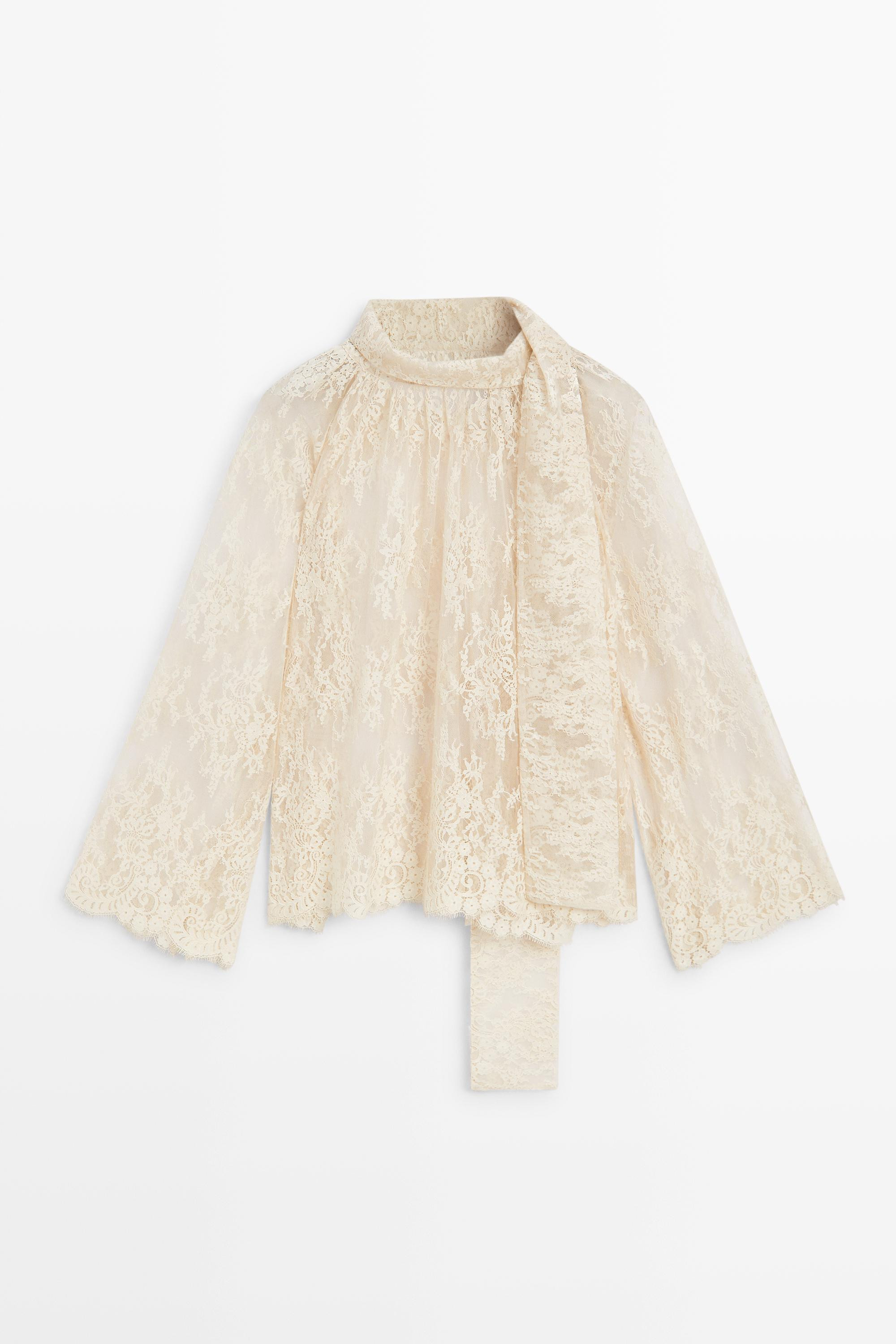 Flowing lace blouse with tie - Beige | Massimo Dutti US