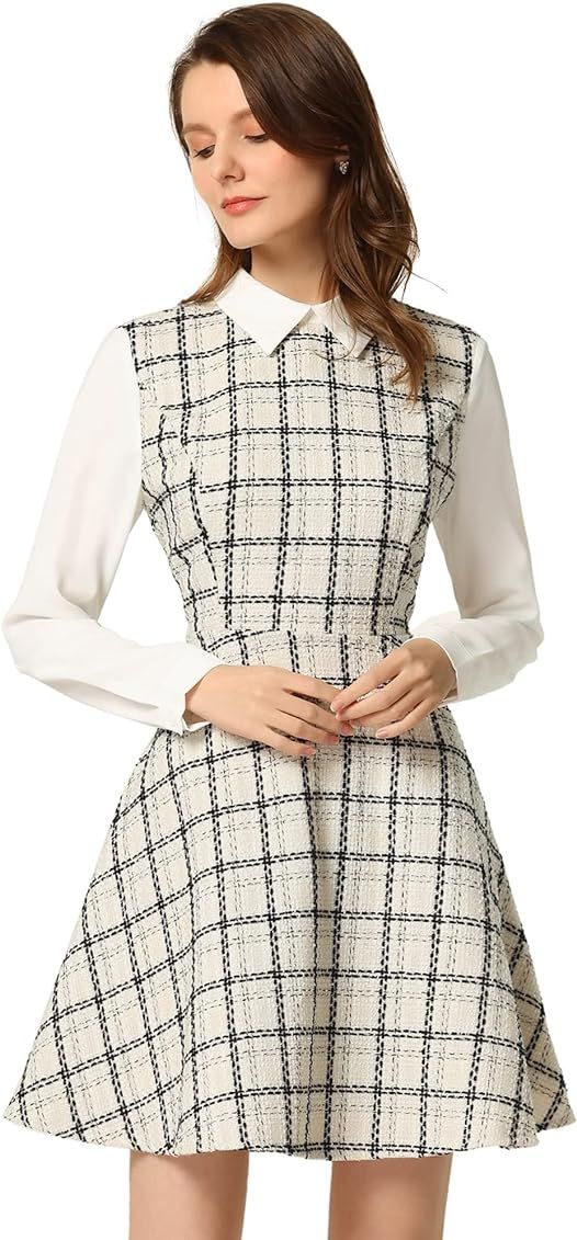Allegra K Women's Plaid Contrast Lapel Collar Panel Long Sleeve A-Line Vintage Tweed Dress | Amazon (US)