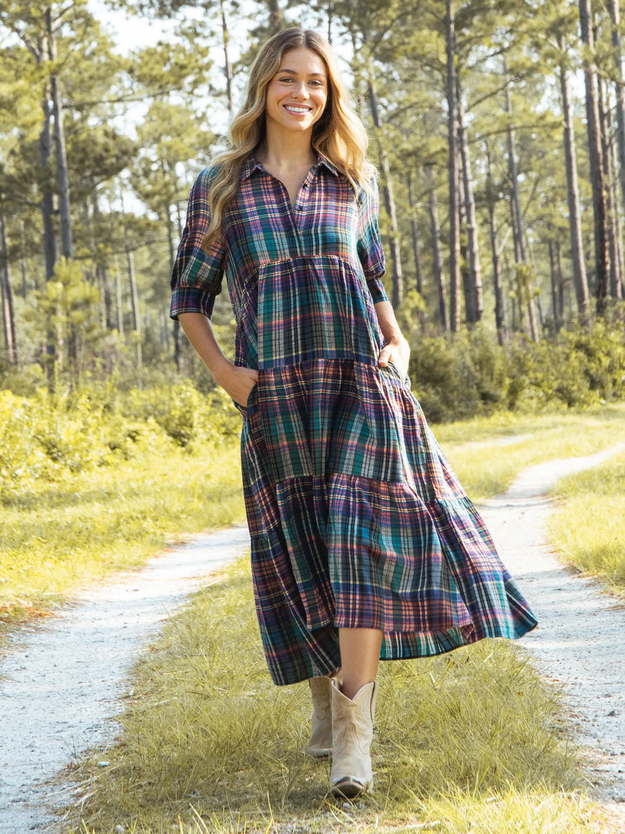 Rebecca Tiered Dress - Rainbow Plaid Flannel | Natural Life