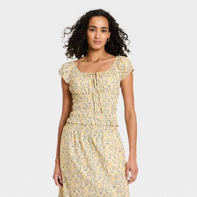 Women's Puff Short Sleeve Off the Shoulder Blouse - Universal Thread™ Green Floral XS | Target