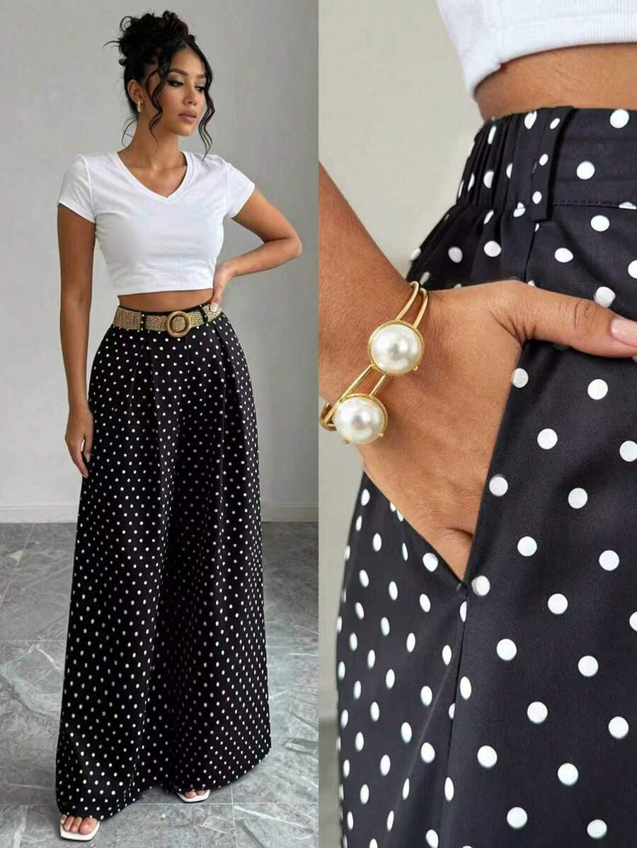 Selianne Plus Size Retro Black & White Polka Dot High Waist Wide Leg Pants | SHEIN