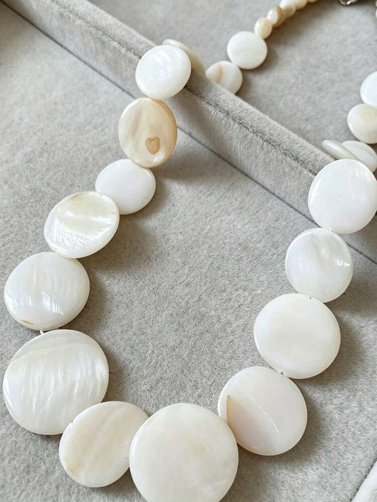 Natural White Mother Of Pearl Round Disk Necklace, Exaggerated Round Shell Bead Choker, 46-51cm A... | SHEIN