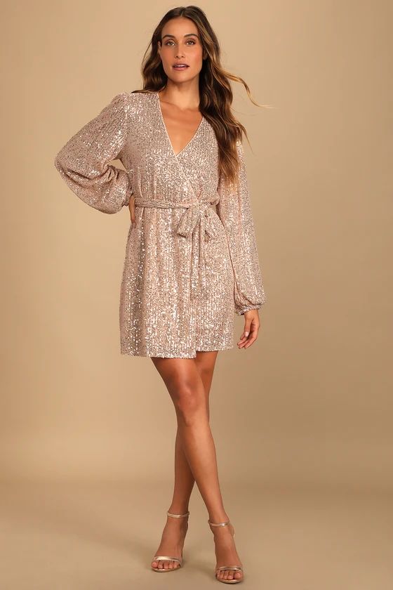 Sparkly Darling Rose Gold Sequin Long Sleeve Wrap Dress | Lulus (US)