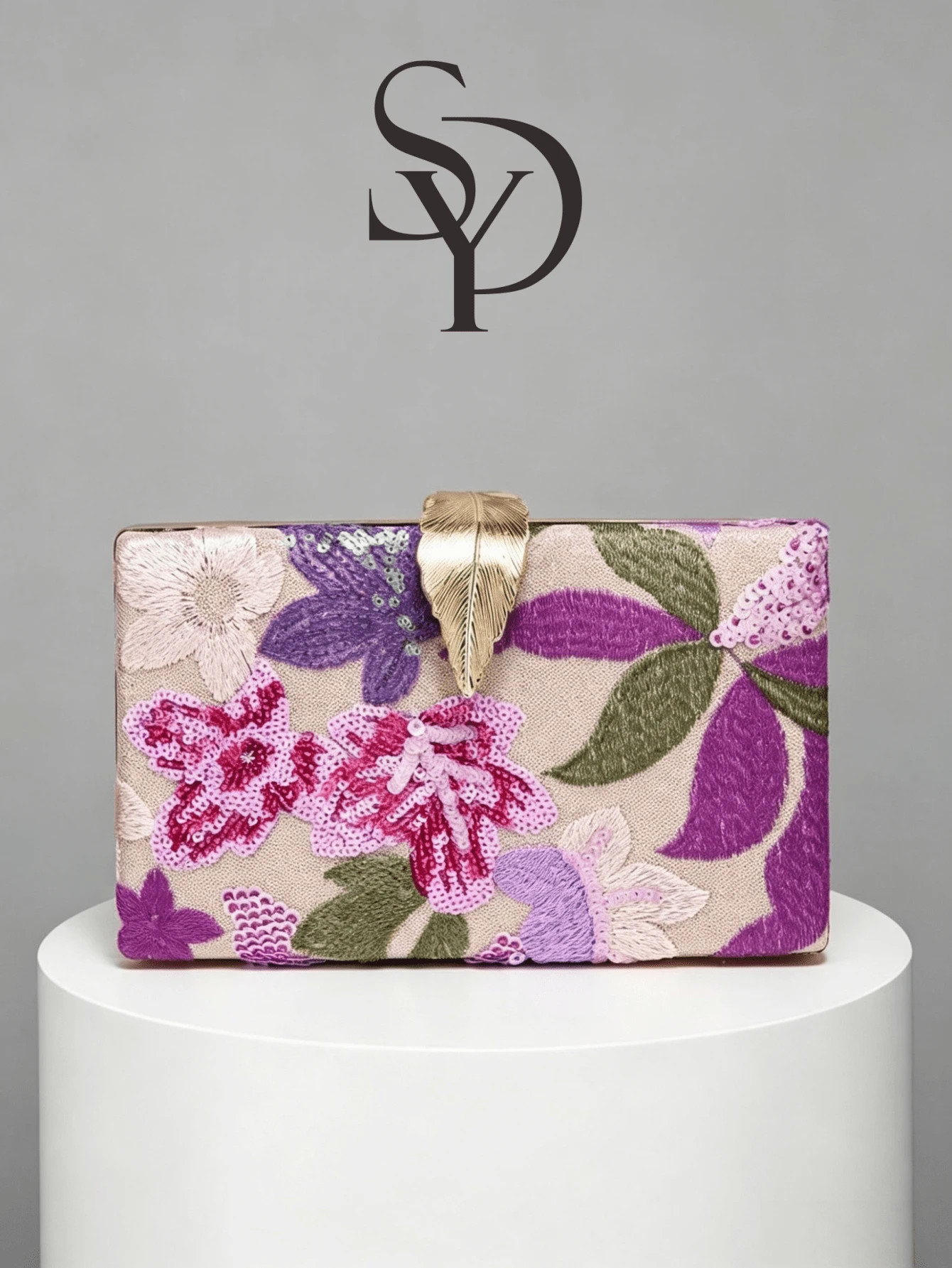 1pc Elegant Floral Embroidered Clutch Bag, Women's Elegant Leaf-Shaped Metallic Sequin Evening Ba... | SHEIN