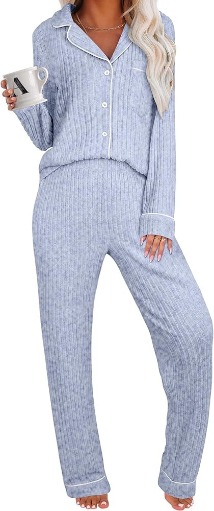 ANRABESS Women Pajama Lounge Sets 2025 Fall 2 Piece Outfits Ribbed Long Sleeve Matching PJ Set Sl... | Amazon (US)