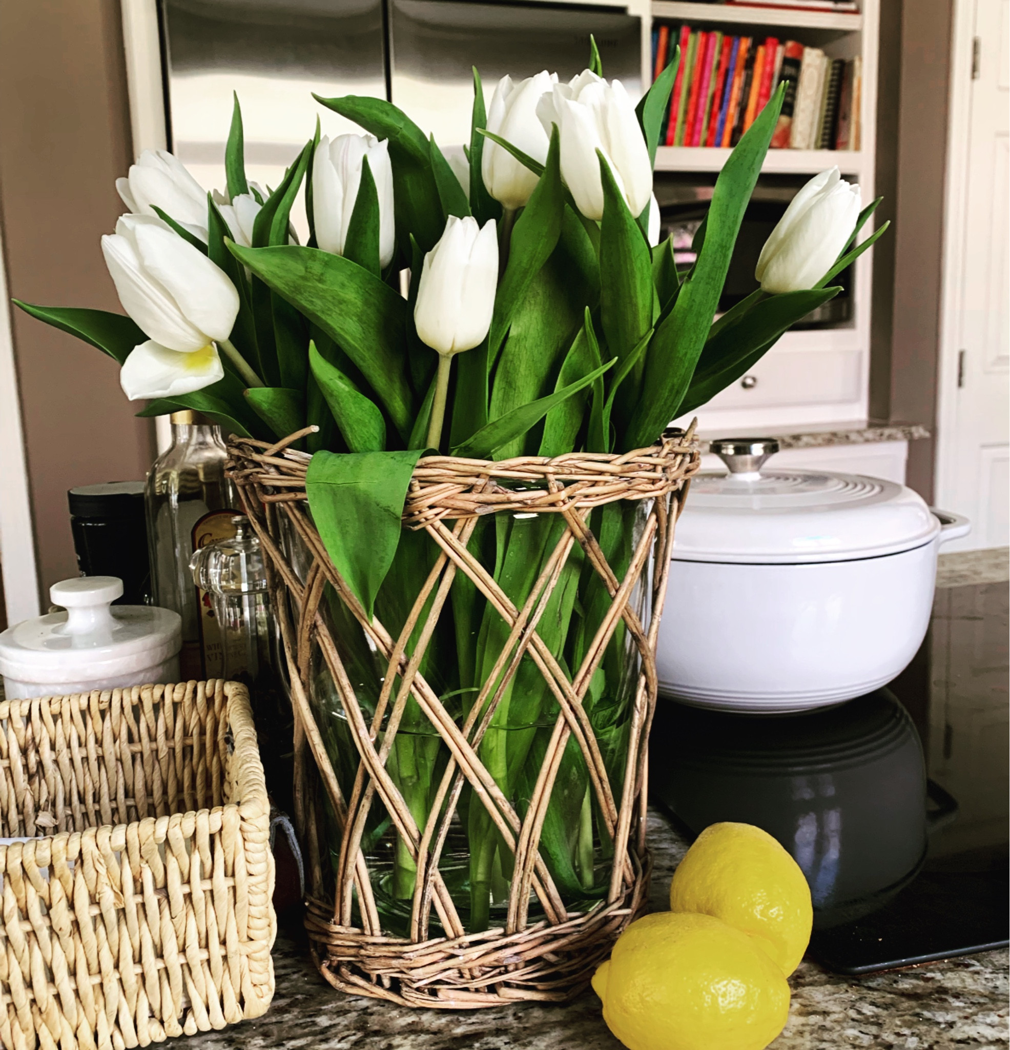 Kitchen decor, lodge Dutch oven, woven glass vase, marble salt cellar, traditional home decor, classic home decor 

#LTKhome