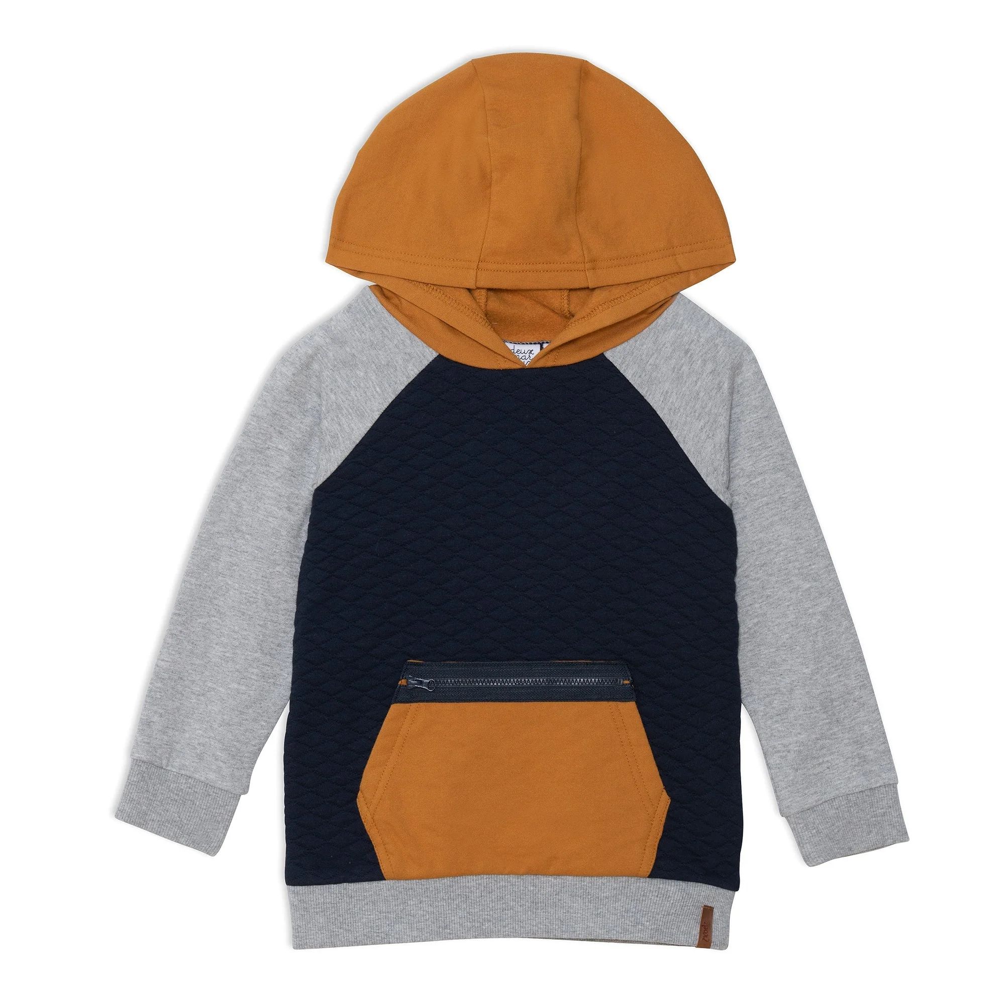 Quilted Hooded Fleece Top With Zipper Pocket Light Heather Grey, Yellow And Navy Blue | Deux par Deux Childrens Designer Clothing